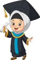 tecknad liten flicka i examen kostym håller ett diplom vektor