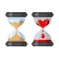 timglas. glas genomskinligt timglas med ett rött hjärta inuti som visar hur mycket kärlek som finns kvar inuti vektor