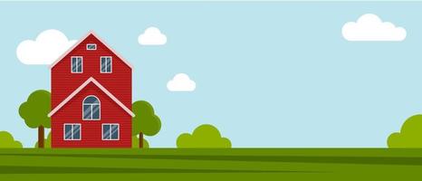 Landhaus auf einer grünen Wiese, landwirtschaftlicher Bau. flache vektorillustration auf einem hintergrund des blauen himmels mit wolken. karikatur ländliches landschaftspanoramafeld. banner für website vektor
