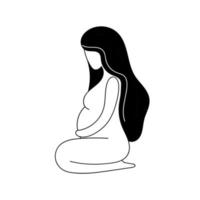 Vektorkontur schöne nackte schwangere Frau sitzt mit zusammengerollten Beinen. Mutterschaft, Geburt, Geburtsvorbereitung, Pränatalmedizinisches Zentrum. Gekritzelhandillustration lokalisiert auf weißem Hintergrund. vektor