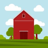 Landhaus auf einer grünen Wiese, landwirtschaftlicher Bau. flache vektorillustration auf einem hintergrund des blauen himmels mit wolken vektor