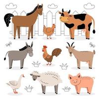 Nutztiere auf weißem Hintergrund. sammlung von niedlichen babytieren und vögeln der karikatur. Kuh, Schaf, Ziege, Pferd, Esel, Schwein, Huhn, Hahn, Gans. flache vektorillustration isoliert. vektor