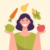 leende kvinna med grönsaker och frukter i händerna. hälsosam mat, begreppet diet, råkostdiet, vegetarisk. äpple, päron, paprika, morot, majs cirklar på personen. platt tecknad vektorillustration vektor