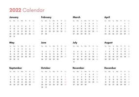 Taschenkalender für das Jahr 2022. horizontale Ansicht. Woche beginnt am Sonntag.
