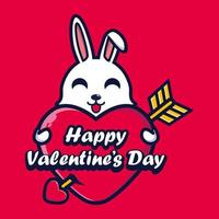 süßes kaninchen, das ein herz mit fröhlichen valentinstaggrüßen umarmt vektor