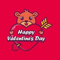 süßer teddybär, der ein herz mit fröhlichen valentinstaggrüßen umarmt