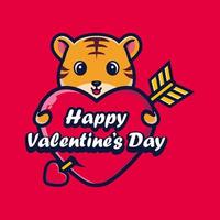 süßer tiger, der ein herz mit fröhlichen valentinstaggrüßen umarmt vektor