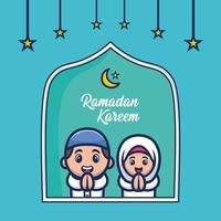 ramadan gratulationskort med söt tecknad muslim vektor