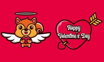 süßes eichhörnchen, das ein herz mit fröhlichen valentinstaggrüßen umarmt