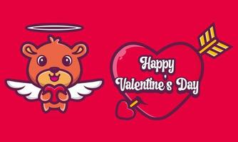 süßer teddybär, der ein herz mit fröhlichen valentinstaggrüßen umarmt