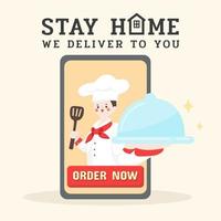 bleib zu hause, wir liefern an dich. online business auf smartphone, mobile app. jetzt banner bestellen. essen serviert von niedlichem chef. vektor