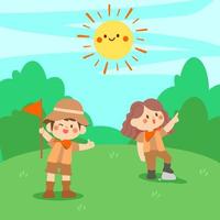 sommerkindercamp.kinderaktivitäten, spielende kinder auf dem spielplatz, mädchen und jungen in campingkostüm.sommercamp mit jungen und mädchen im park.kindergarten naturbeobachtung im freien. vektor