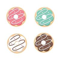 Donut-Vektorsatz isoliert auf weißem Hintergrund. draufsichtkrapfensammlung in glasur mit weißer schokolade, erdbeere, minze und schokolade.flache designillustration. niedliche cartoon-süßigkeiten und desserts. vektor