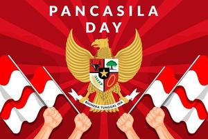 pancasila tag flaches illustrationsfahnenplakat mit der hand, die indonesien-flagge hält vektor