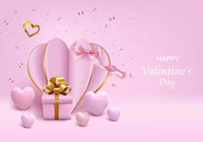 rosa herz mit geschenkbox und konfetti zum valentinstag vektor