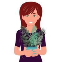 porträtt av en flicka som håller en krukväxtblomma i händerna. ekologi. vektor