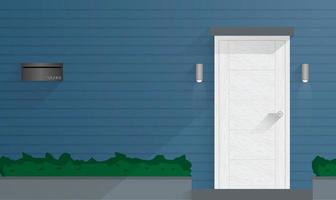 Eingang altes Haus. Frontside Residenz weiße Holztür, blaue Wand, Metalllampenbriefkasten mit Pflanzentor. weiße architekturansicht mit schatten. vektor