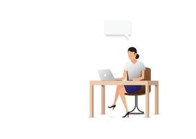 Geschäftsfrau, die Laptop im Büro betrachtet. Menschen Charakter Vektordesign. Kundenservice und Support. Blick auf den Computer im Büro.