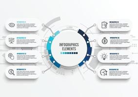 vektor infographic mall med 3d pappersetikett, integrerade cirklar. affärsidé med 8 alternativ. för innehåll, diagram, flödesschema, steg, delar, tidslinjeinfografik, arbetsflöde, diagram.