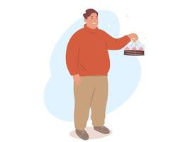 übergewichtiger junger Mann mit Kuchen. Charakter mit Geburtstagsgeschenk für Freunde vektor
