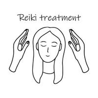 Reiki-Behandlung Alternativmedizin. doodle skizze handgezeichnete vektorillustration der frau und der heilenden palmen auf weißem hintergrund. isolierte Gliederung. vektor