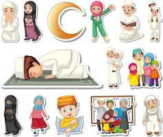 klistermärke uppsättning av islamiska religiösa symboler och seriefigurer vektor