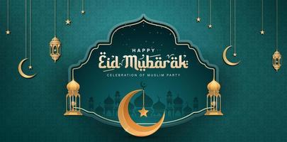 Happy Eid Mubarak 3D realistische Mondfinsternis und Halbmondhintergrund, anwendbar für Website-Header, Zielseitenelement, Anzeigenkampagnenmarketing, Social-Media-Beiträge, Werbemedien, Werbung vektor