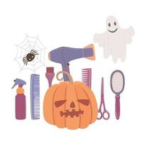 Kürbis- und Friseurzubehör, Kamm, Schere. fröhlicher halloween-tag, friseurwerkzeuge in einer niedlichen festlichen komposition. der vektor eignet sich für werbung und dekor.