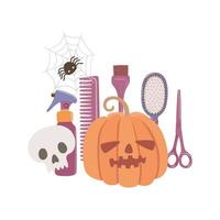 Kürbis- und Friseurzubehör, Kamm, Schere. fröhlicher halloween-tag, friseurwerkzeuge in einer niedlichen festlichen komposition. der vektor eignet sich für werbung und dekor.