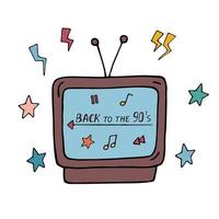 doodle retro-tv från 1990-talet isolerad. vintage-tv med text tillbaka till 90-talet. vektor färgad doodle illustration på vit bakgrund