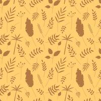 Pflanzenmuster. Vektor nahtlos gekachelter Hintergrund mit Blättern und Beeren-Silhouetten. Blatt gelber Hintergrund