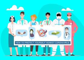 vektorillustration im flachen stil, team der glücklichen medizinischen haltetafel, arzt erklärt infografiken, trägt gesichtsmaske, wäscht die hand und schlägt die prävention des covid-19-virus vor. vektor