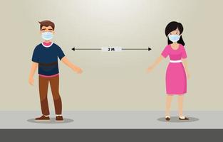 man och kvinna karaktär som bär kirurgisk eller medicinsk ansiktsmask upprätthåller social distans för att förhindra virusspridning och förebyggande av influensa. coronavirus, social isolering och självkarantän koncept. vektor