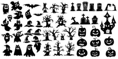 samling av halloween silhuetter ikon och karaktär, element för halloween dekorationer premium vektor