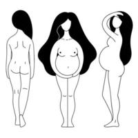 Vektorsatz Kontur schöne nackte schwangere Frauen. Mutterschaft, Geburt, Geburtsvorbereitung, Pränatalmedizinisches Zentrum. Gekritzelhandillustration lokalisiert auf weißem Hintergrund.