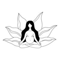 Vektorkontur schöne nackte schwangere Frau auf dem Hintergrund einer Blume meditiert. Mutterschaft, Geburt, Geburtsvorbereitung, Pränatalmedizinisches Zentrum. Abbildung isoliert auf weißem Hintergrund.