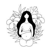 vektor kontur vacker naken gravid kvinna på en bakgrund av blommor. moderskap, förlossning, förberedelse för förlossning, prenatal vårdcentral. doodle hand illustration isolerad på vit bakgrund.