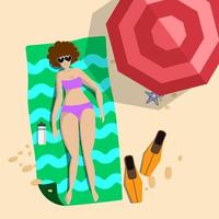 ovanifrån, sommartid, semester affisch. unga kvinnor koppla av, ha glad tid på stranden. vektor