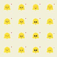 Design-Vektorillustration der netten und kawaii Handglocke flache. lustige Handglockenfigur mit lächelndem menschlichem Emoji, Cartoon-Vektorillustration isoliert auf farbigem Hintergrund. süße und lustige Maskottchen