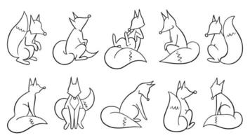 Fuchsumrissvektorsatz, Füchse in verschiedenen Positionssammlungen, monochrom, schwarz und weiß, Strichzeichnungen, Umriss, einzeln auf weißem Hintergrund