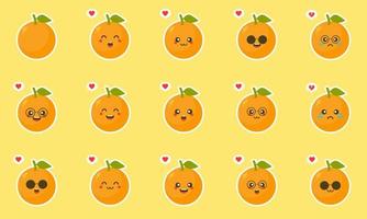 orange gesundes lebensmittelkonzept. Emoji-Emoticon-Sammlung. zeichentrickfiguren für kinder zum ausmalen, ausmalseiten, t-shirt druck, symbol, logo, etikett, aufnäher, aufkleber. kawaii und süßes Fruchtdesign vektor