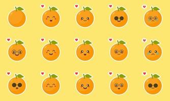 orange hälsosam mat koncept. emoji emoticon samling. seriefigurer för barn målarbok, målarbok, t-shirttryck, ikon, logotyp, etikett, lapp, klistermärke. kawaii och söt fruktdesign vektor