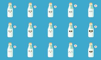 mejerimjölk hälsosam mat koncept. emoji emoticon samling. seriefigurer för barn målarbok, målarbok, t-shirttryck, ikon, logotyp, etikett, lapp, klistermärke. kawaii och söt matdesign vektor