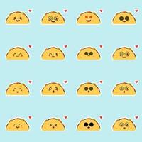 söt och kawaii glad taco set. isolerad på färgbakgrund. vektor seriefigur illustration design, enkel platt stil. taco karaktär bunt, samling. mexikansk mat barnmeny, kortkoncept