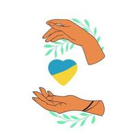 Zwei menschliche Hände, die das Herz der ukrainischen, blauen und gelben Flagge halten, Vektorillustration. vektor