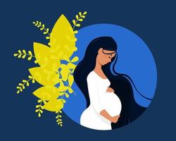Schwangere verärgerte ukrainische Frau auf einem Hintergrund von blau-gelben Farben, Vektorillustration im flachen Stil. vektor