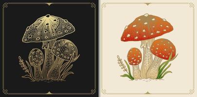 Russula aurea Pilz oder Pilz mit Gravur, handgezeichnet, luxuriös, himmlisch, esoterisch, Boho-Stil, geeignet für Spiritualisten, Religiöse, Paranormale, Tarotleser, Astrologen oder Tätowierungen vektor