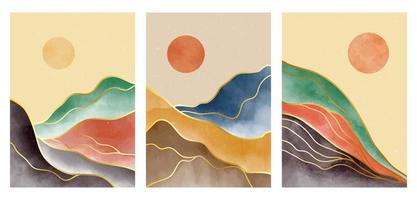 Reihe kreativer minimalistischer handgemalter Illustrationen der Moderne aus der Mitte des Jahrhunderts. natürlicher abstrakter landschaftshintergrund. Berg, Wald, Meer, Himmel, Sonne und Fluss vektor