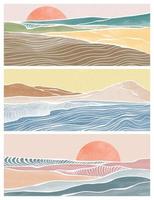 satz kreativer minimalistischer moderner linienkunstdrucke. abstrakte ozeanwelle zeitgenössische ästhetische hintergründe landschaften. mit meer, skyline, welle. Vektorillustrationen