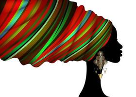 afrikanisch gestreifter Turban-Kopfwickel, Porträtschönheitsfrau in Afro-Frisuren, Logo-Design schwarzes Frauen-Haarkleid, Vektor-Afrika-Ethno-Vorlage isoliert auf weißem Hintergrund vektor